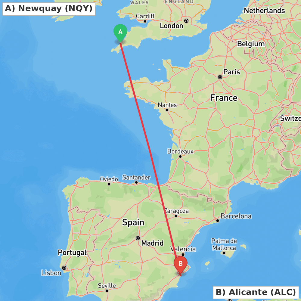 Flight route map from Newquay to Alicante