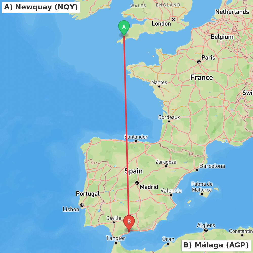 Flight route map from Newquay to Málaga
