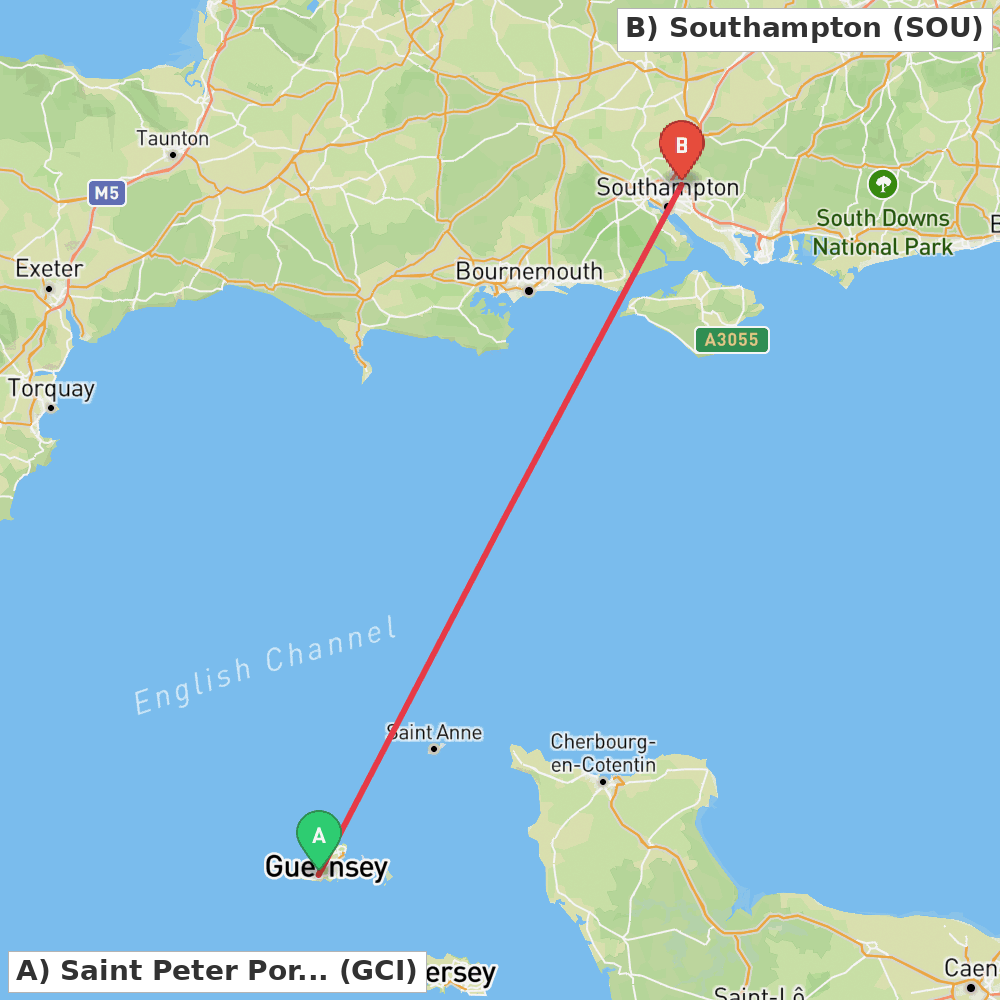 Flight route map from Saint Peter Port to Southampton