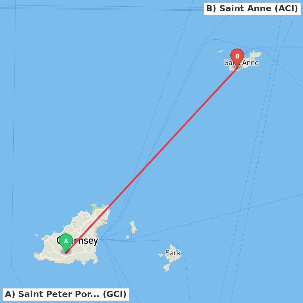 Flight route map from Saint Peter Port to Saint Anne