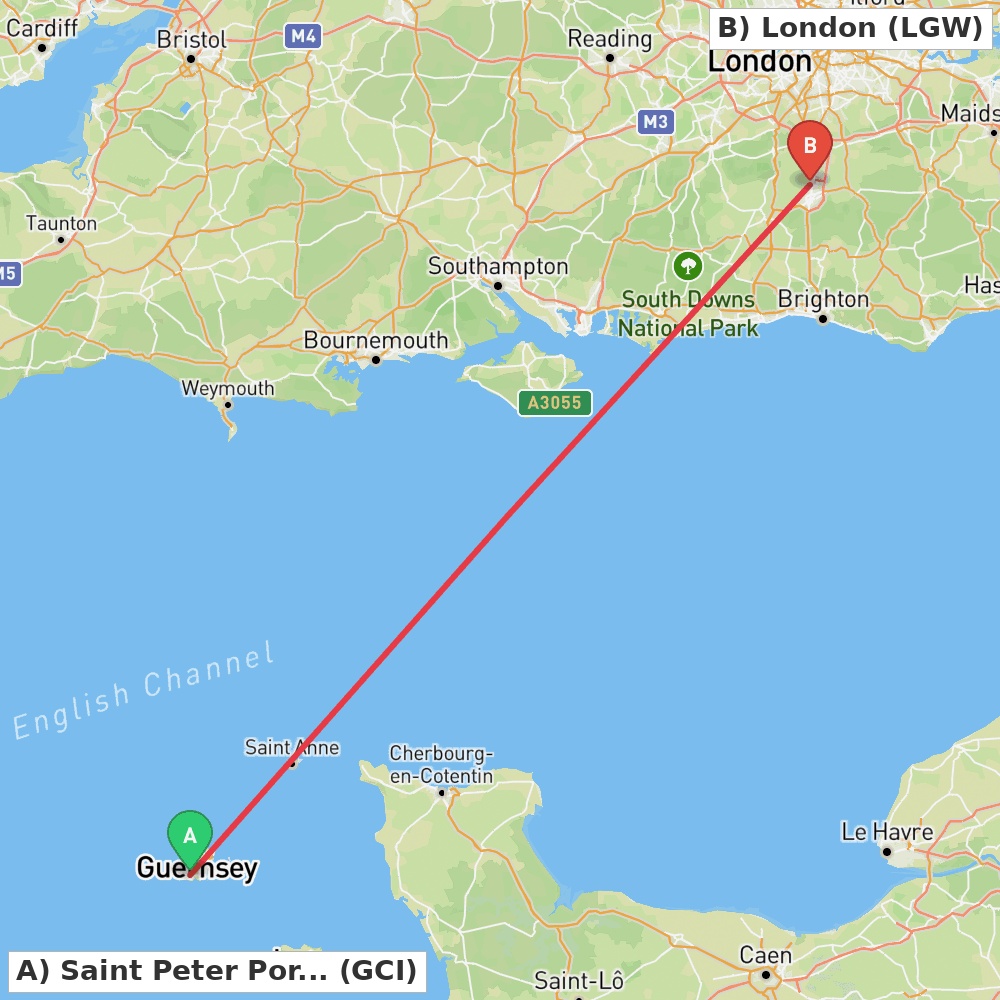 Flight route map from Saint Peter Port to London