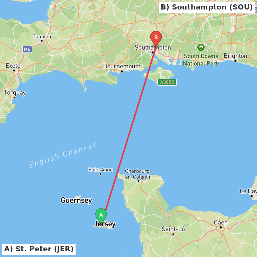 Flight route map from St. Peter to Southampton