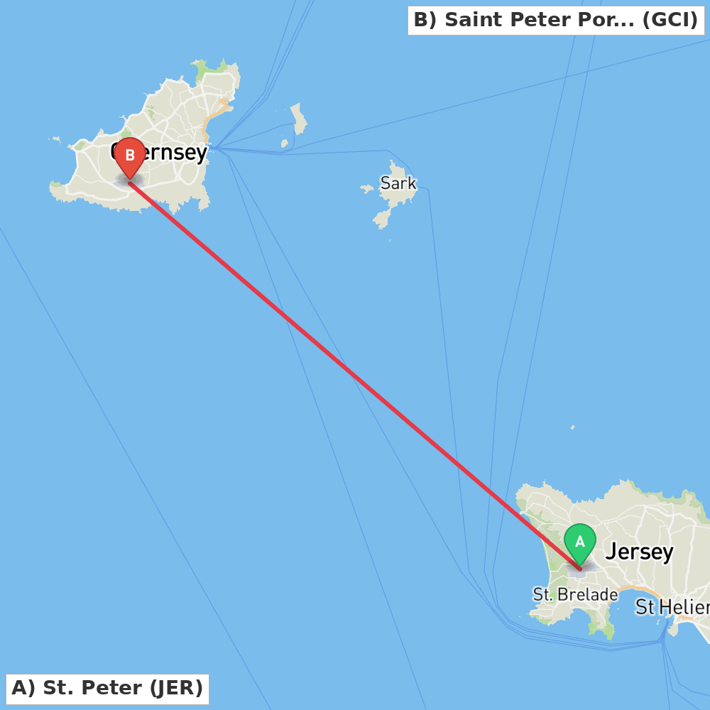 Flight route map from St. Peter to Saint Peter Port