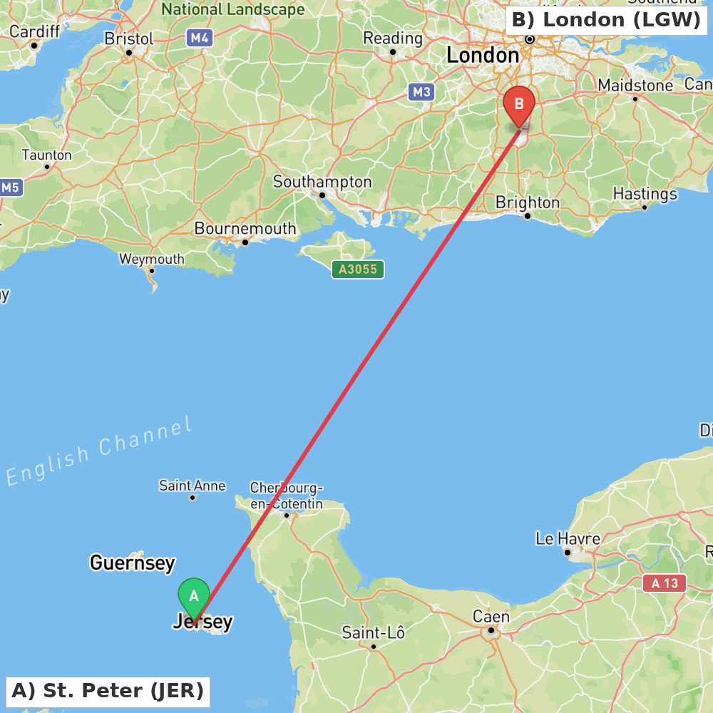 Flight route map from St. Peter to London