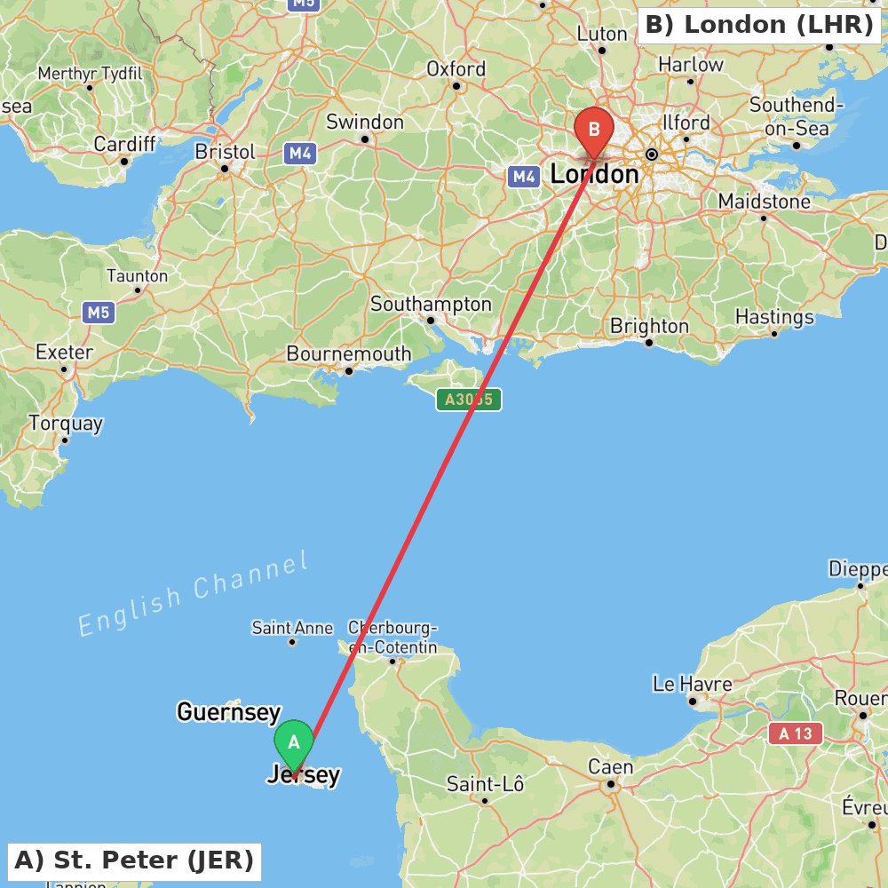 Flight route map from St. Peter to London