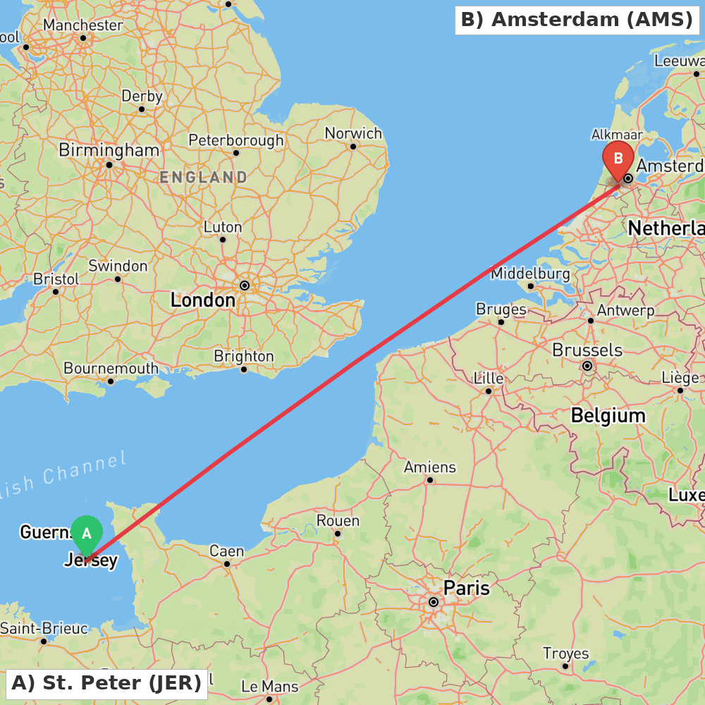 Flight route map from St. Peter to Amsterdam