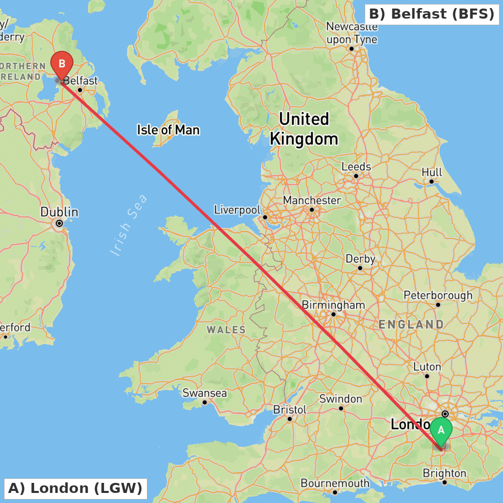 Flight route map from London to Belfast