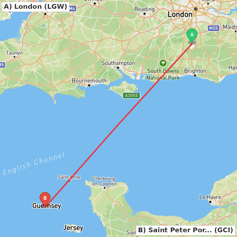 Flight route map from London to Saint Peter Port