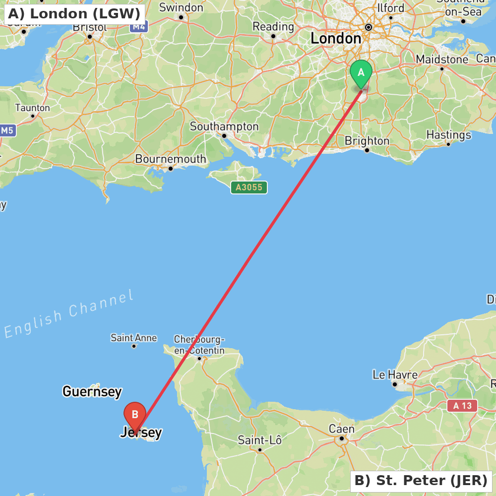 Flight route map from London to St. Peter