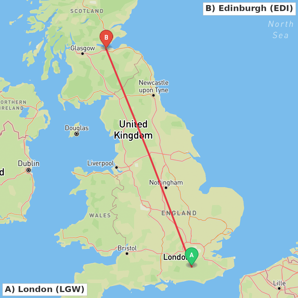 Flight route map from London to Edinburgh