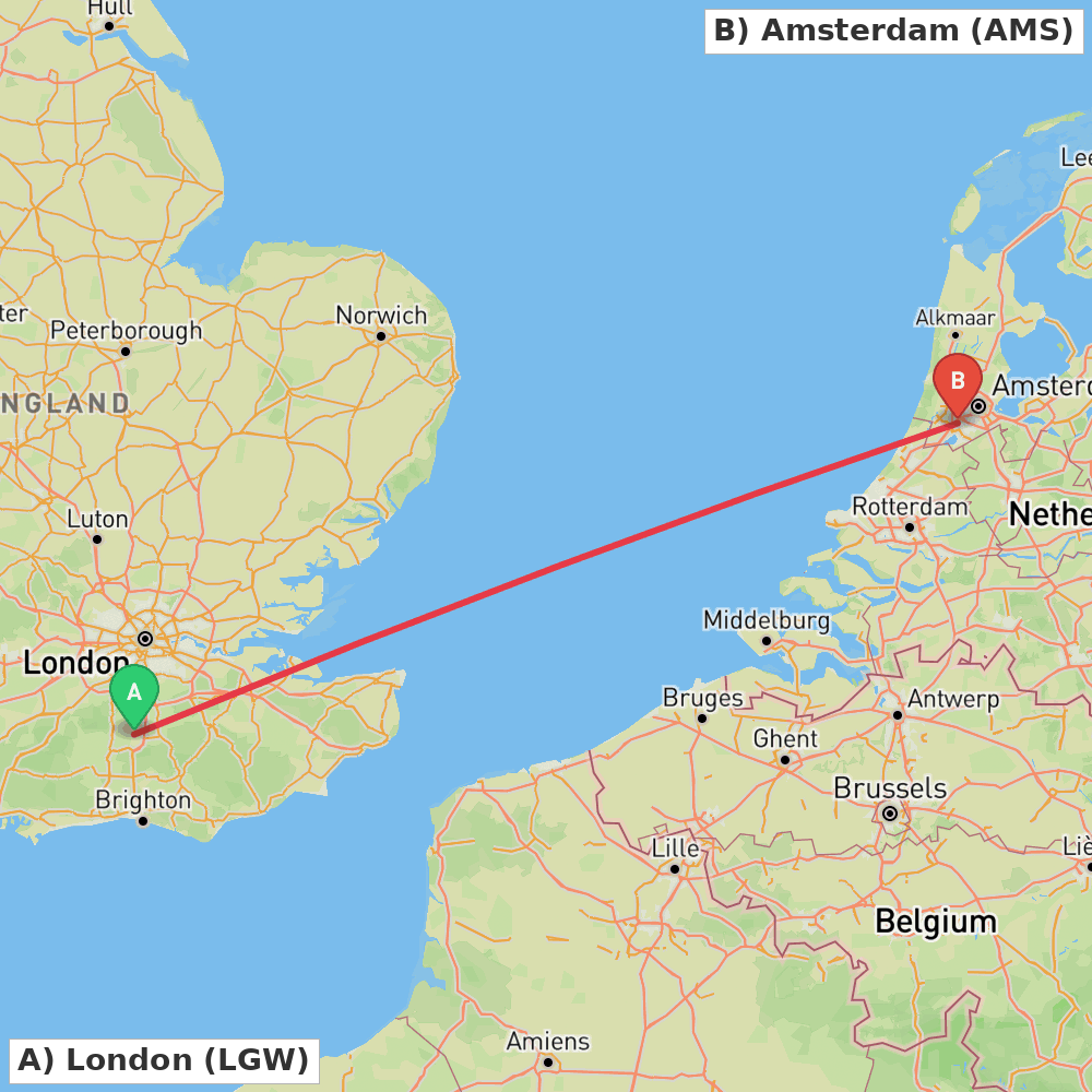 Flight route map from London to Amsterdam