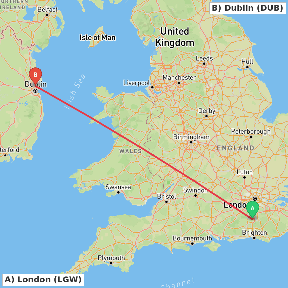 Flight route map from London to Dublin