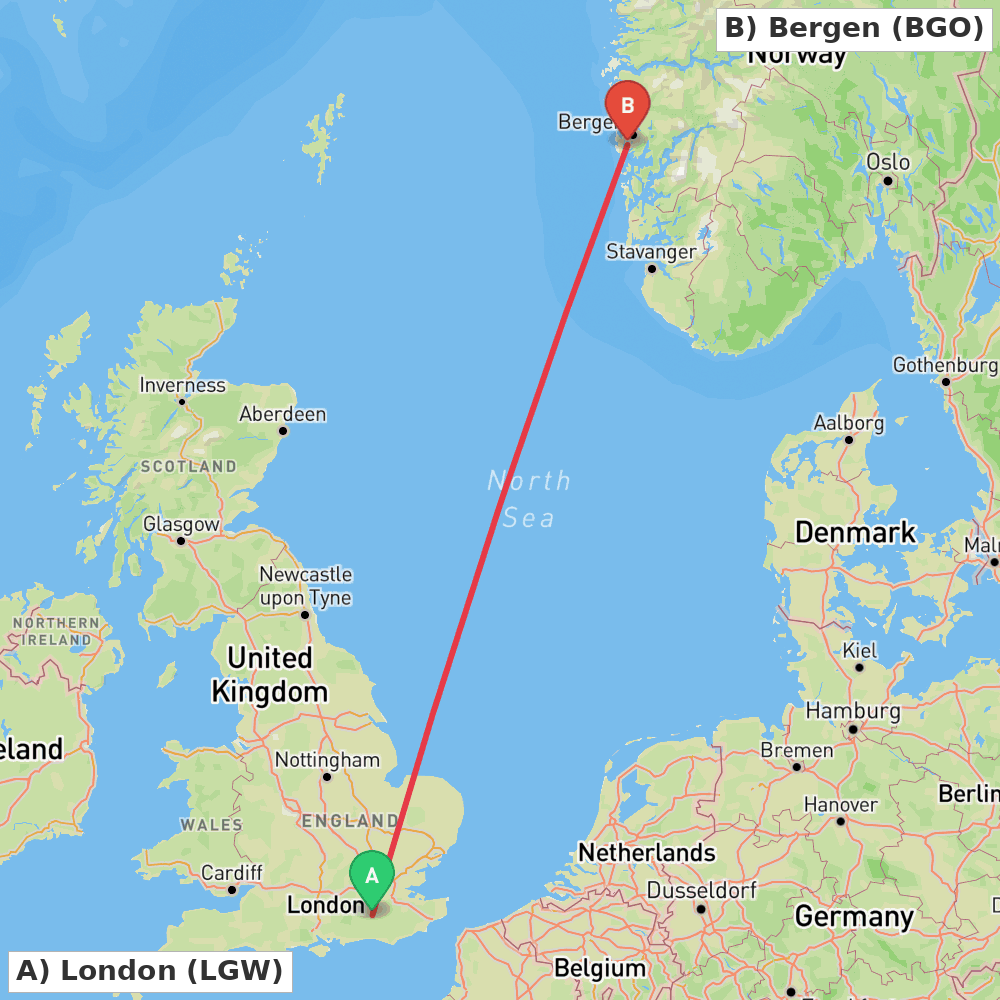 Flight route map from London to Bergen