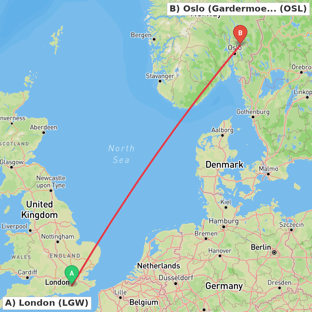 Flight route map from London to Oslo (Gardermoen)