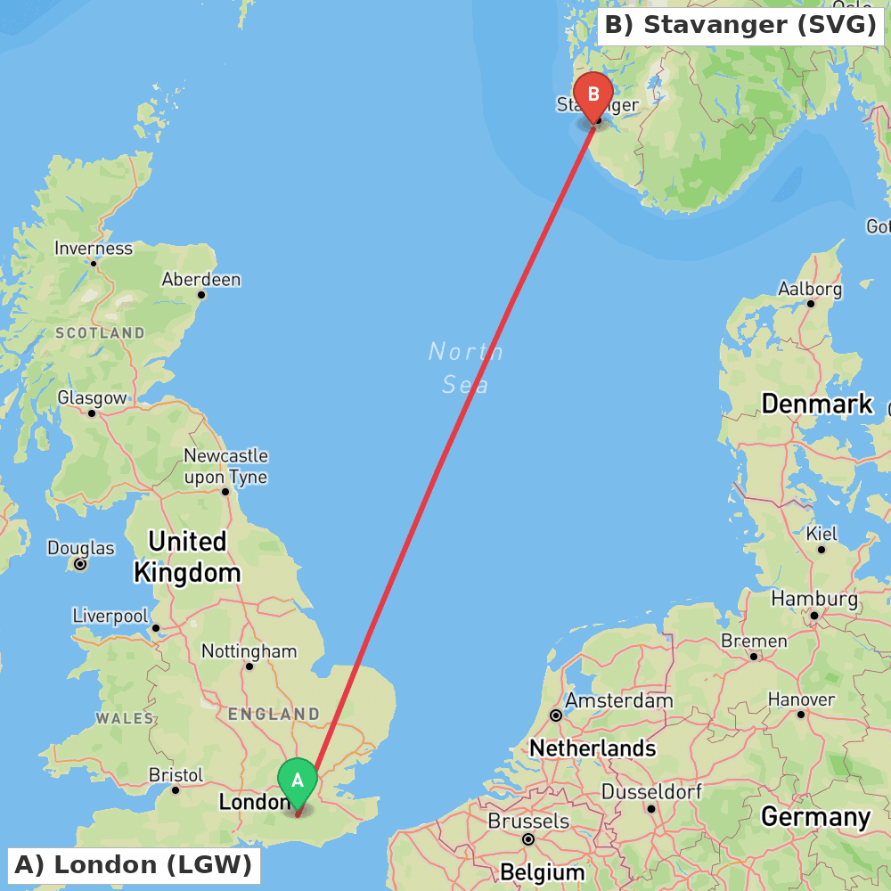 Flight route map from London to Stavanger
