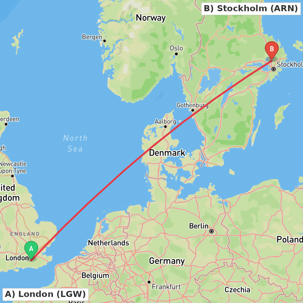 Flight route map from London to Stockholm