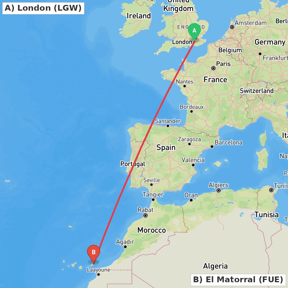 Flight route map from London to El Matorral
