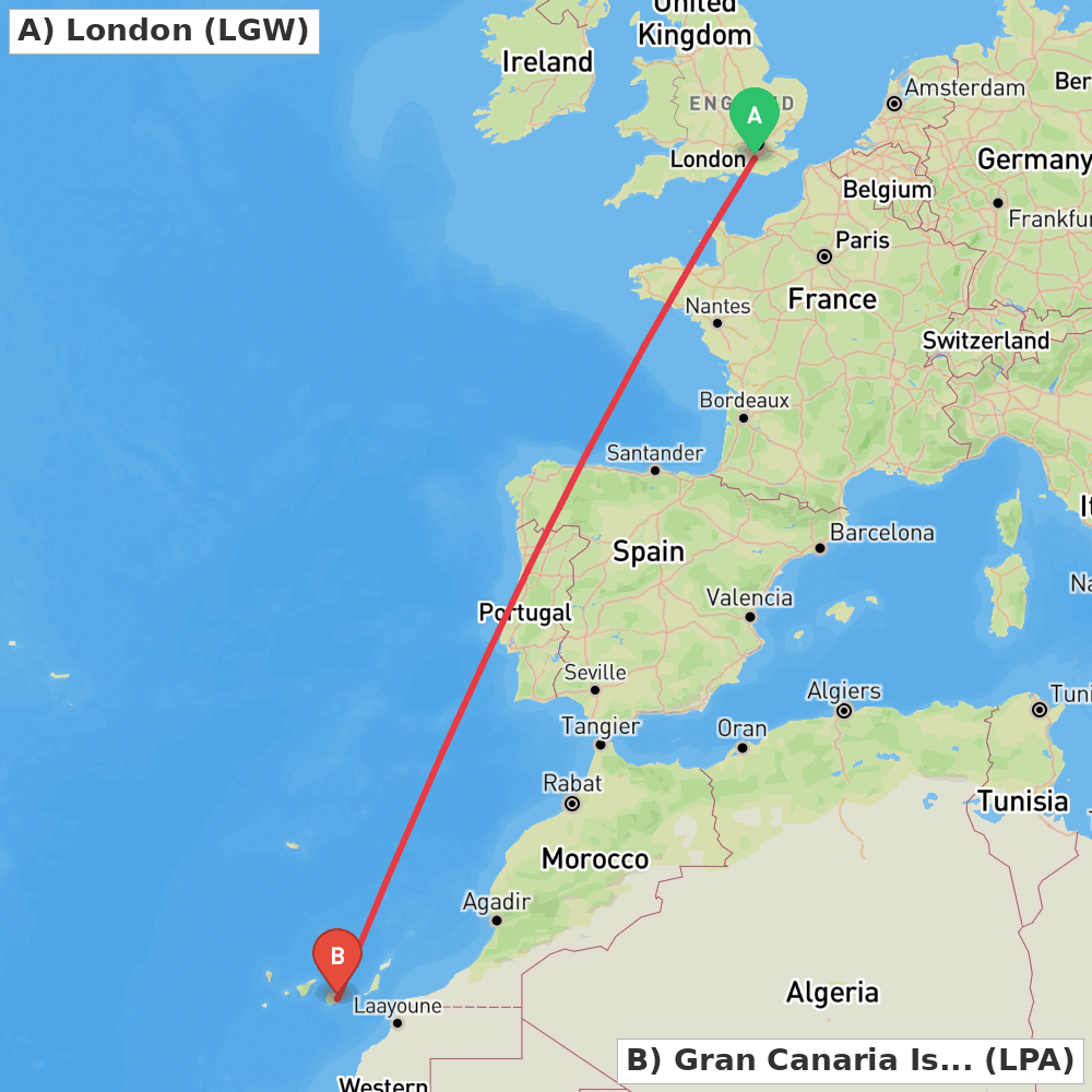 Flight route map from London to Gran Canaria Island
