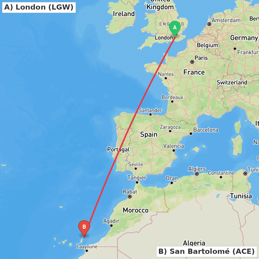 Flight route map from London to San Bartolomé
