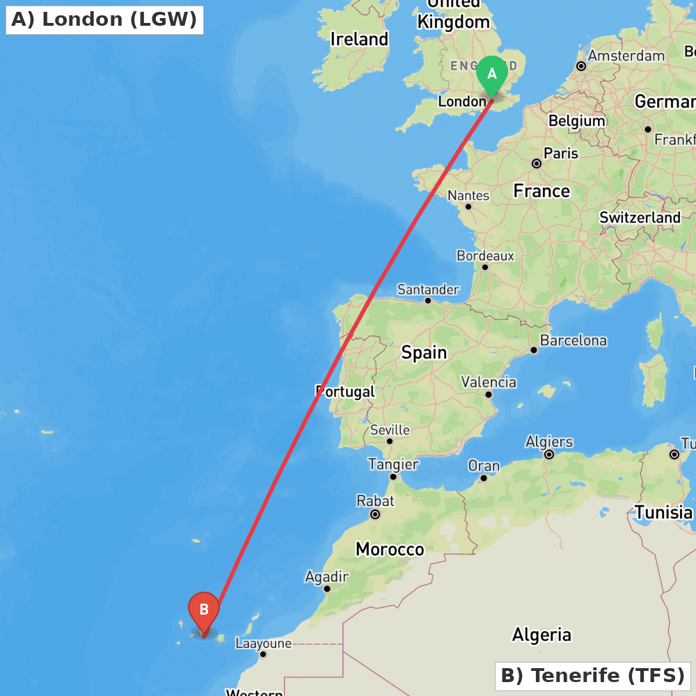 Flight route map from London to Tenerife