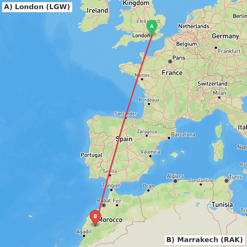 Flight route map from London to Marrakech