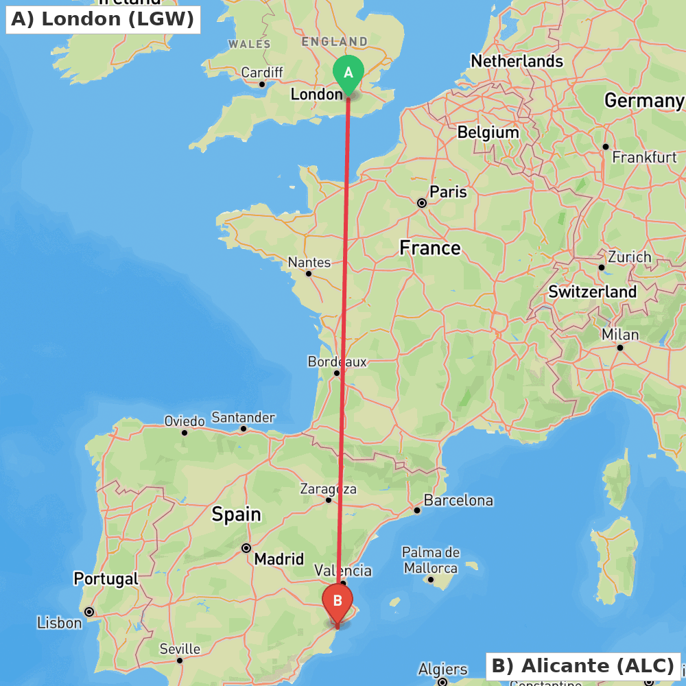 Flight route map from London to Alicante
