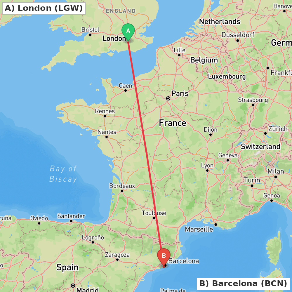Flight route map from London to Barcelona