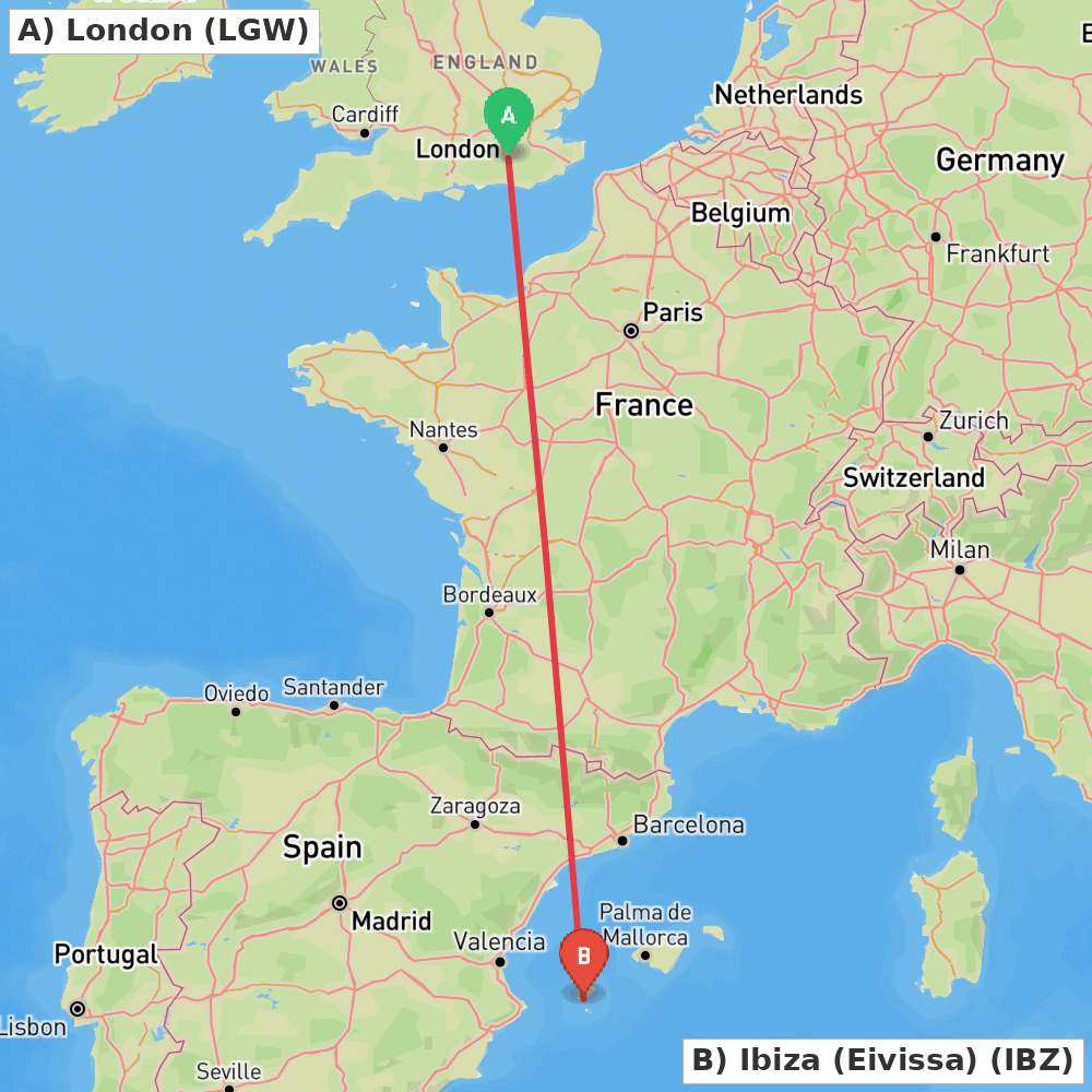 Flight route map from London to Ibiza (Eivissa)