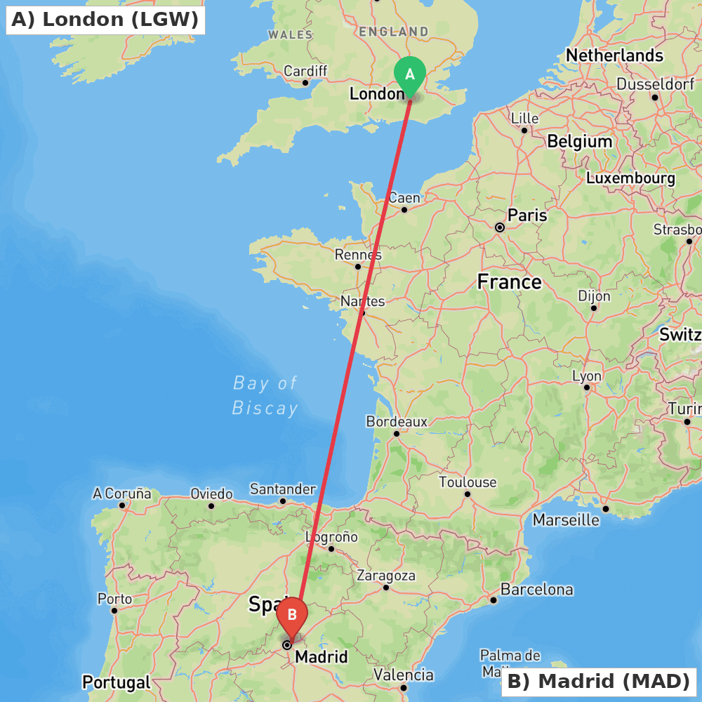 Flight route map from London to Madrid