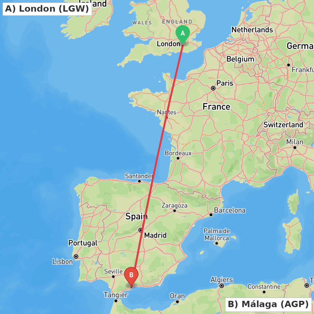 Flight route map from London to Málaga