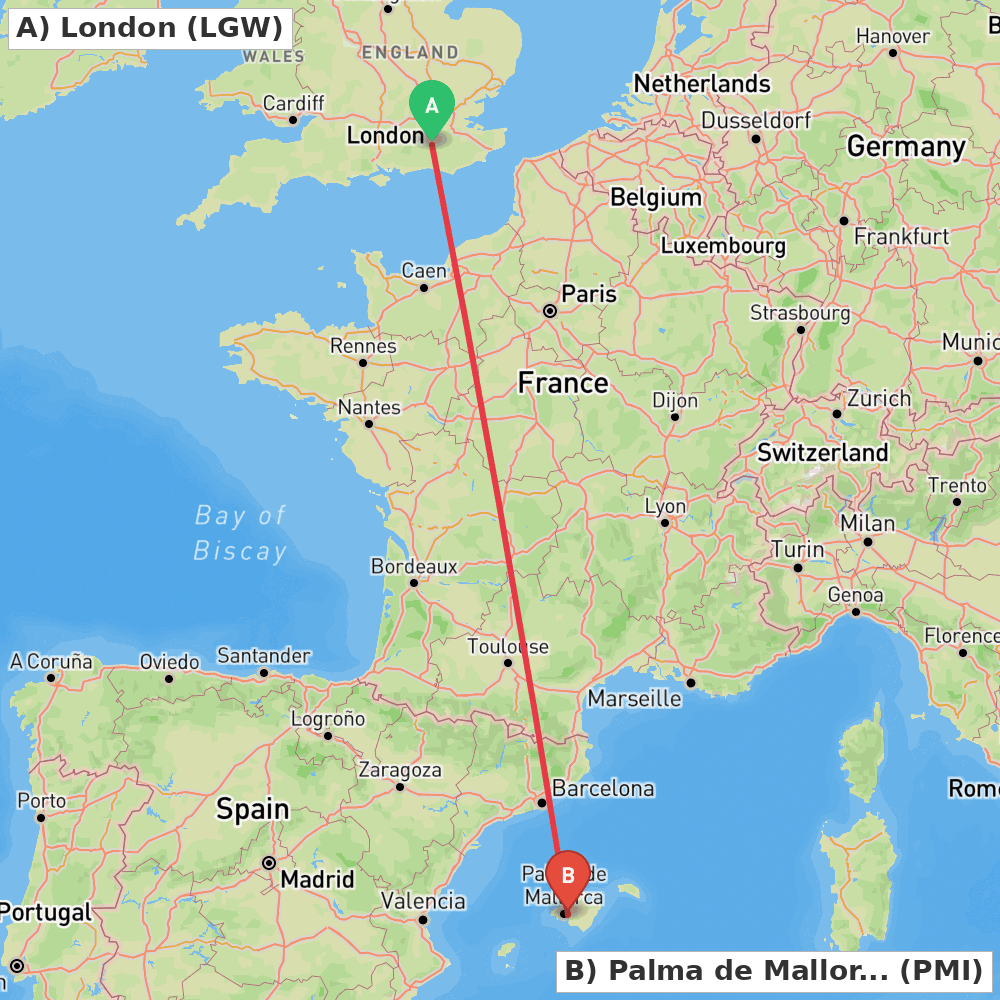 Flight route map from London to Palma de Mallorca