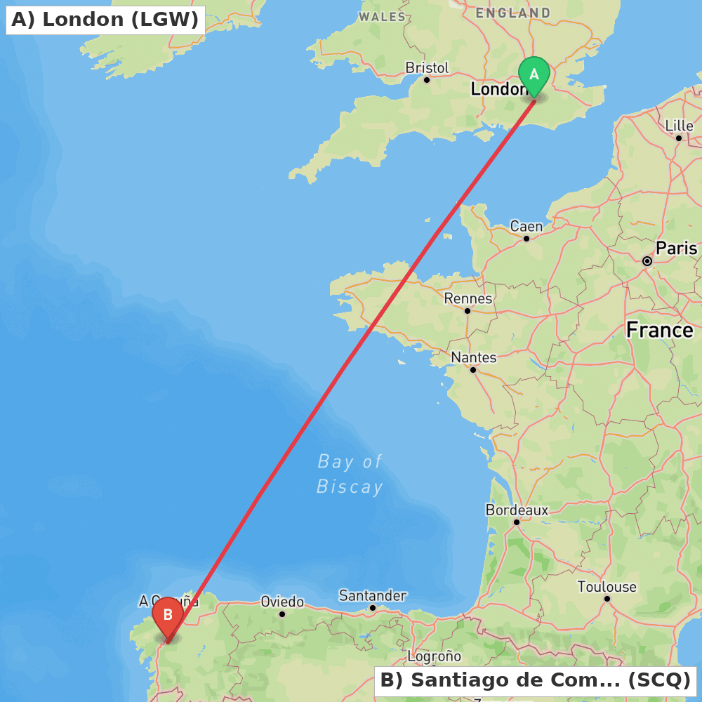 Flight route map from London to Santiago de Compostela