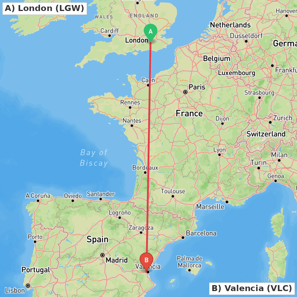 Flight route map from London to Valencia