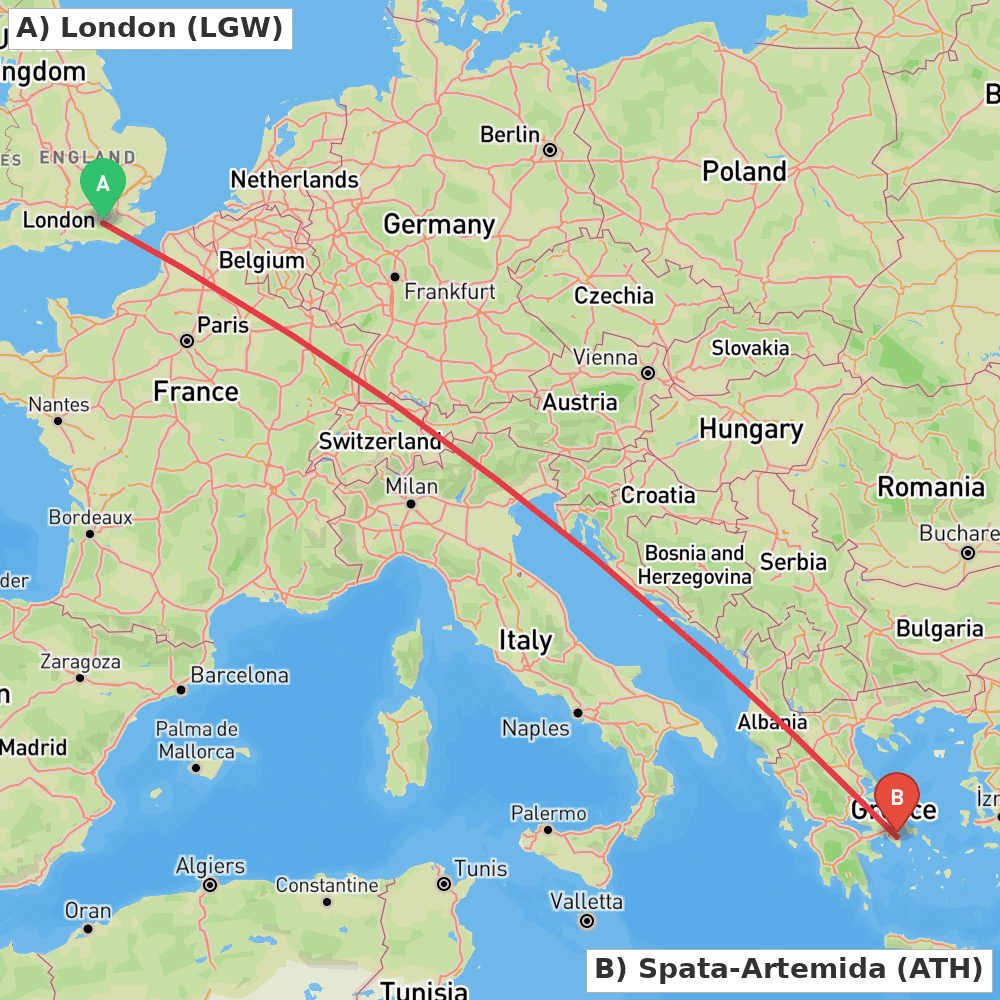 Flight route map from London to Spata-Artemida