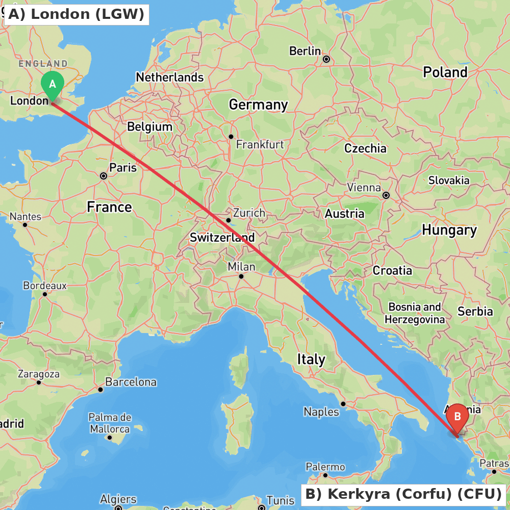 Flight route map from London to Kerkyra (Corfu)