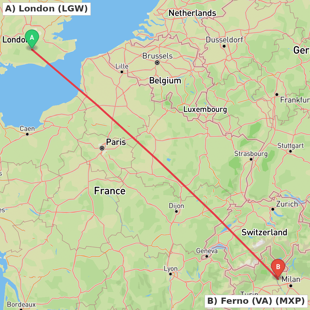 Flight route map from London to Ferno (VA)