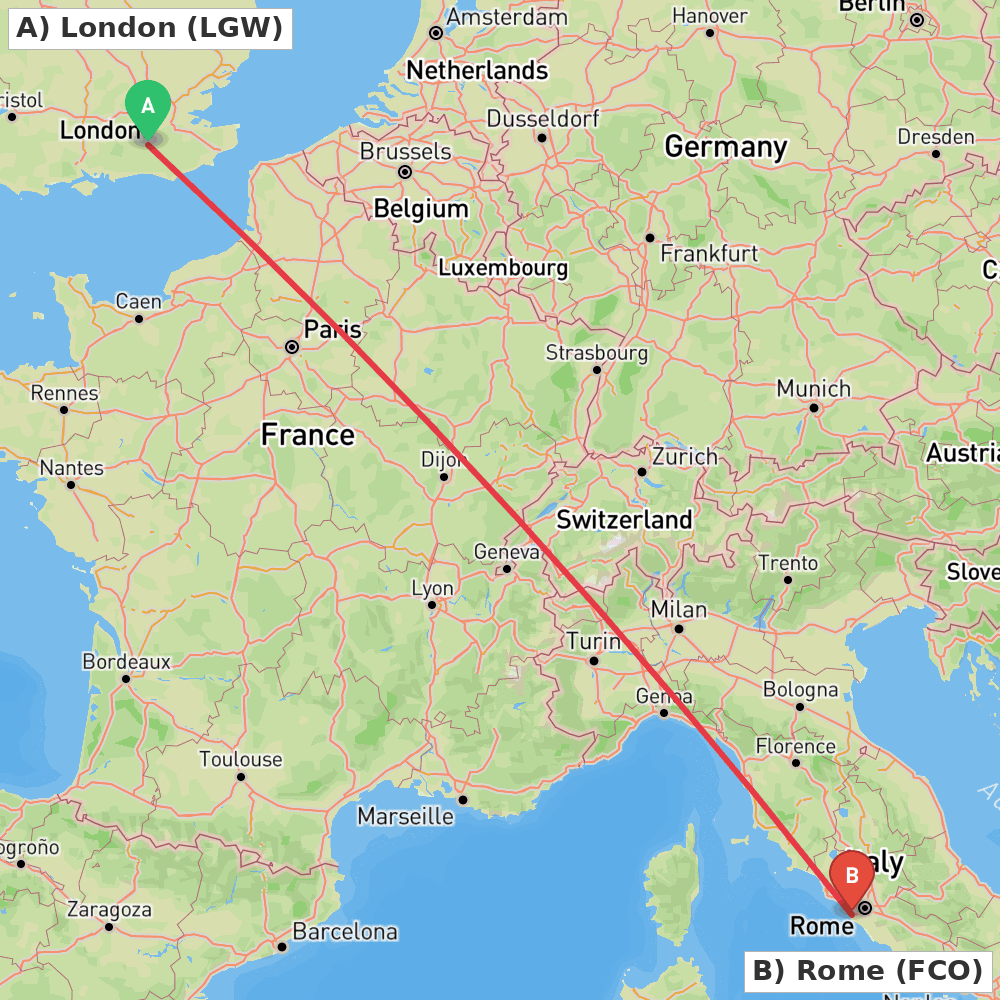 Flight route map from London to Rome