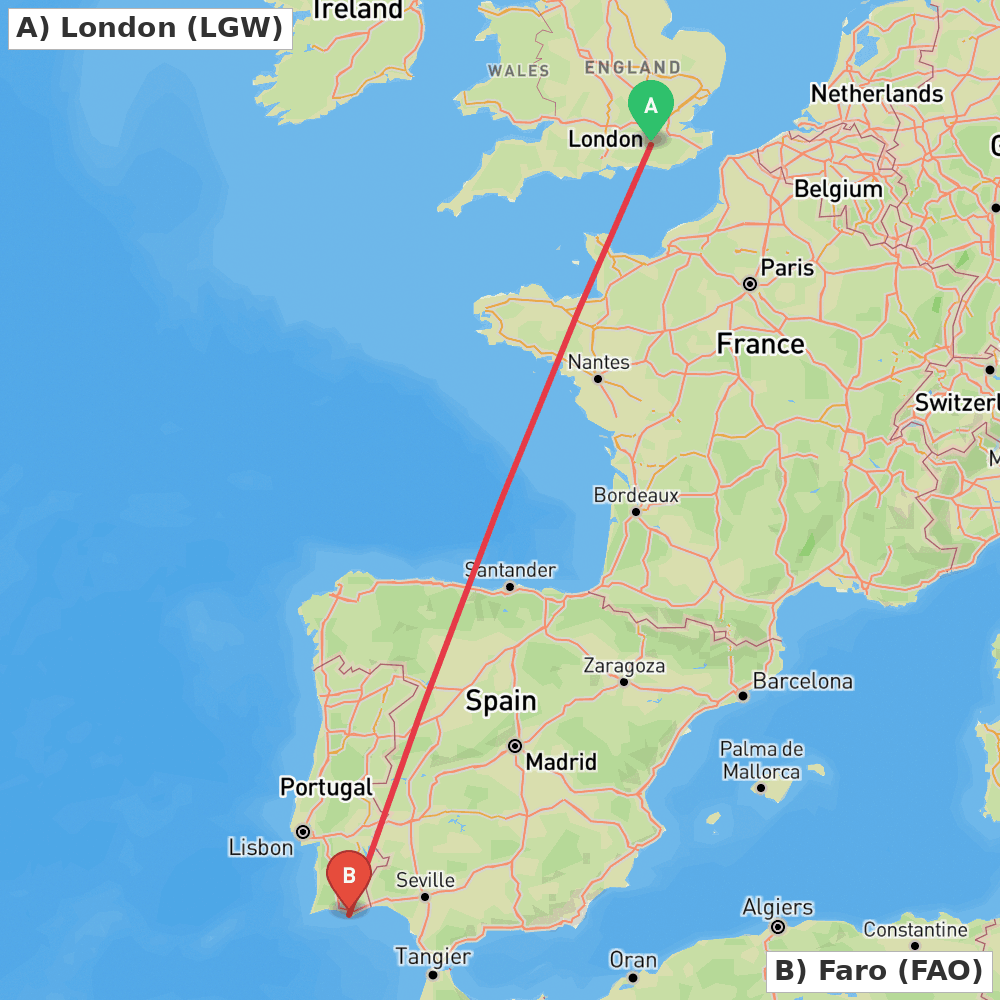 Flight route map from London to Faro
