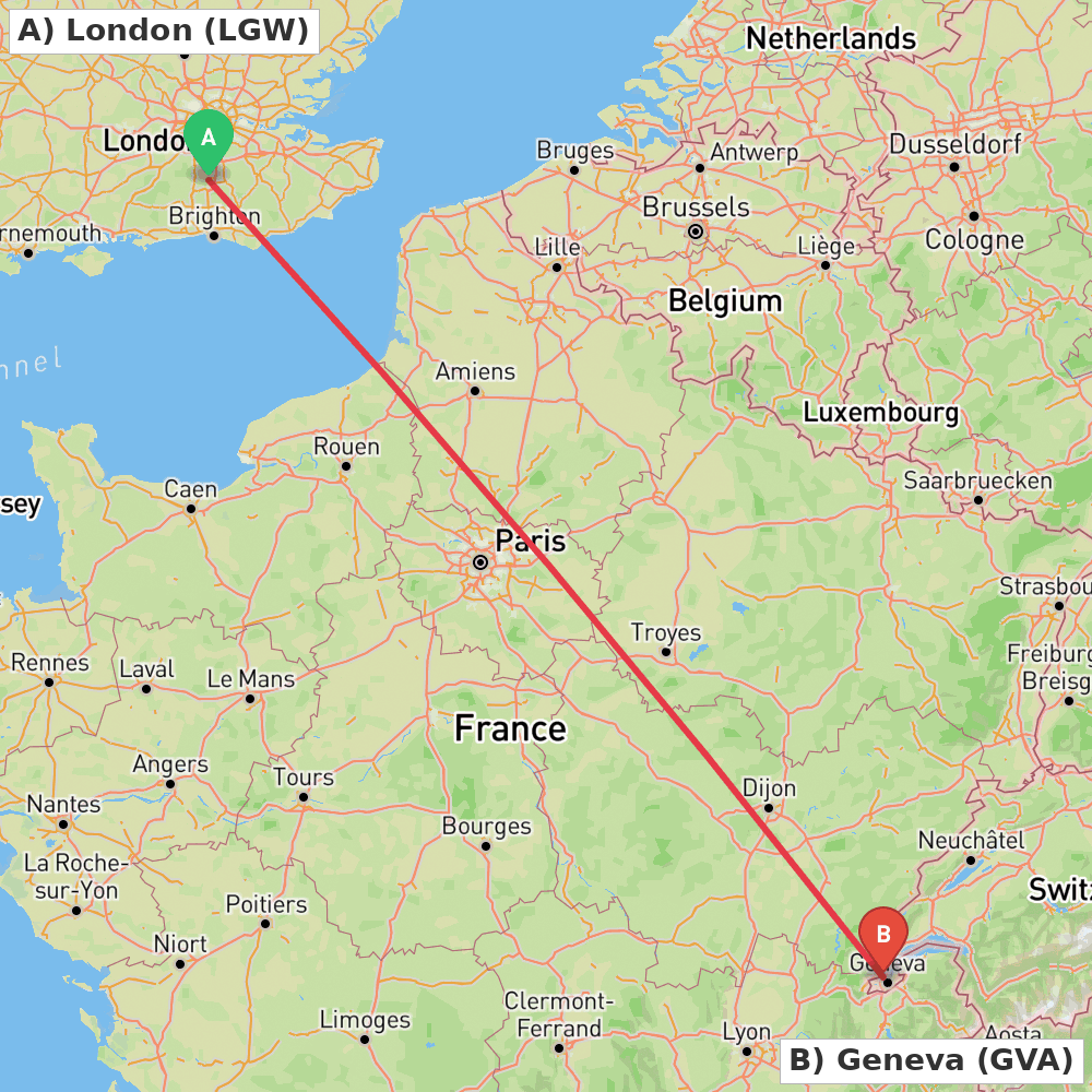 Flight route map from London to Geneva