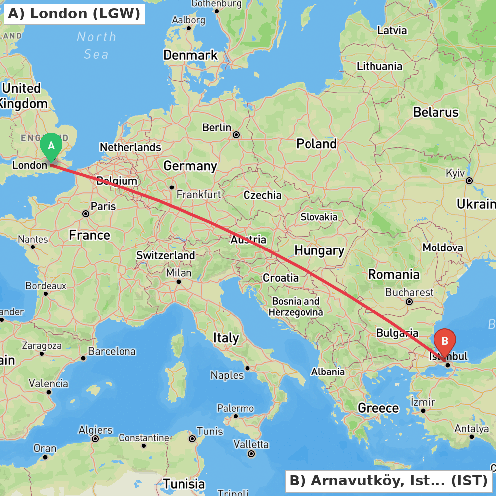 Flight route map from London to Arnavutköy, Istanbul