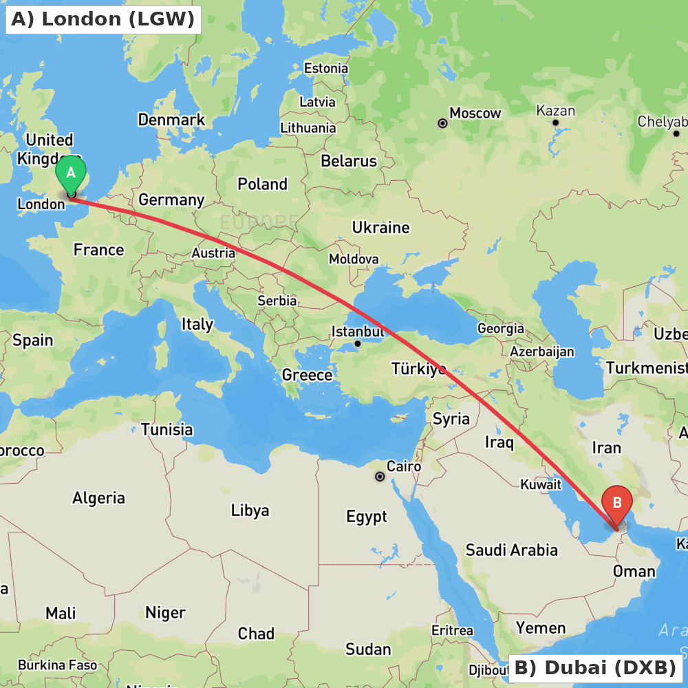 Flight route map from London to Dubai