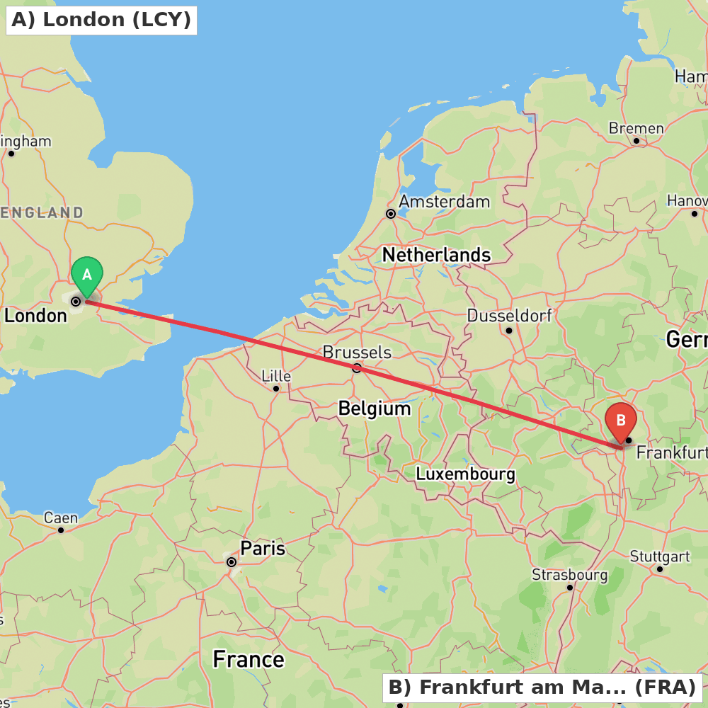 Flight route map from London to Frankfurt am Main