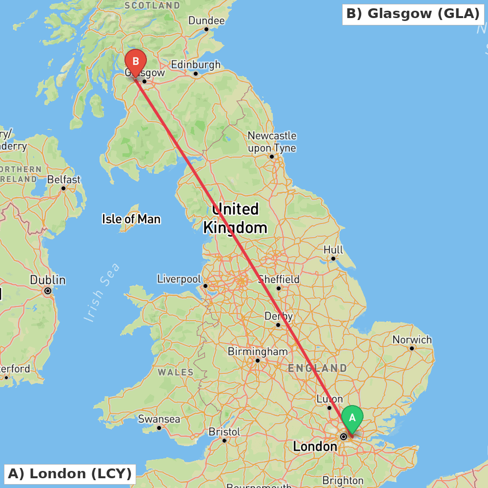 Flight route map from London to Glasgow