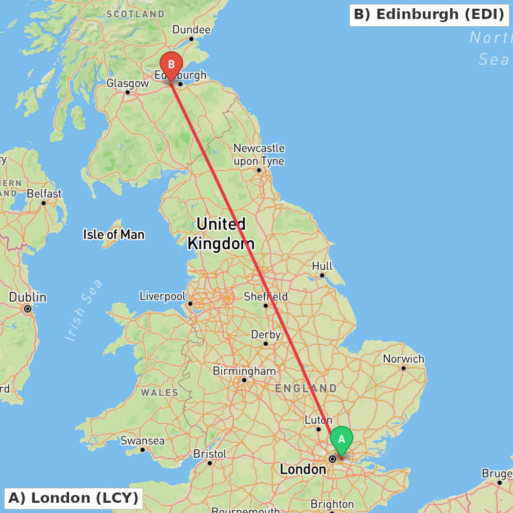 Flight route map from London to Edinburgh