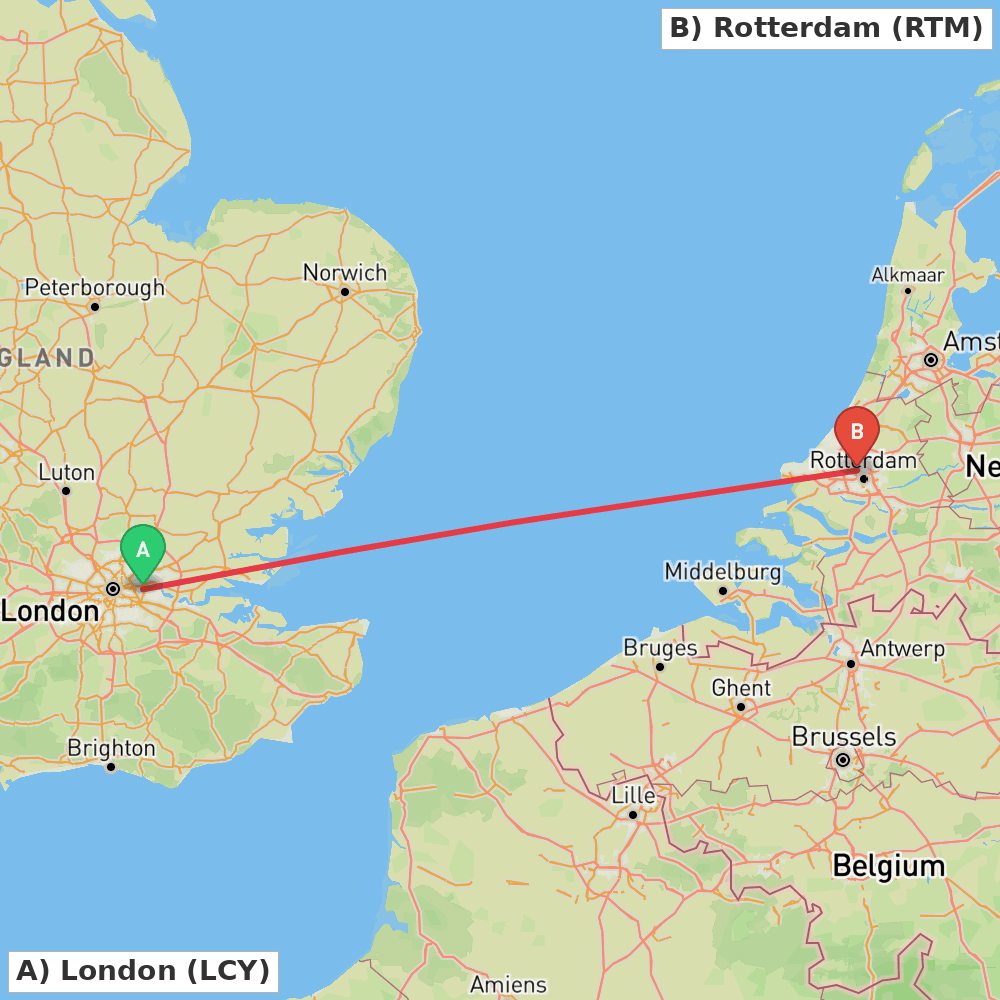 Flight route map from London to Rotterdam