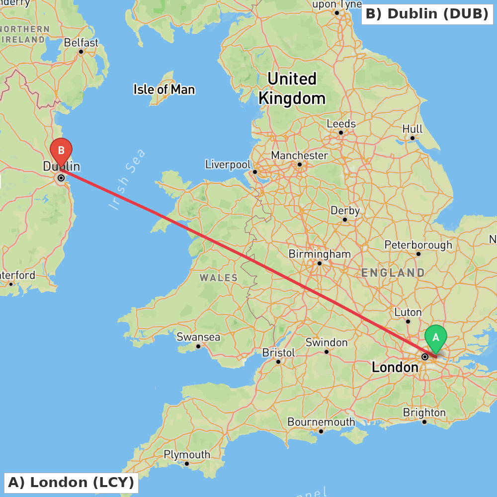 Flight route map from London to Dublin