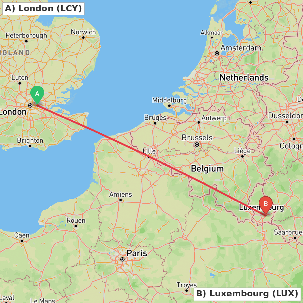 Flight route map from London to Luxembourg