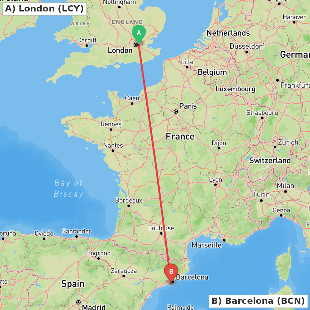 Flight route map from London to Barcelona