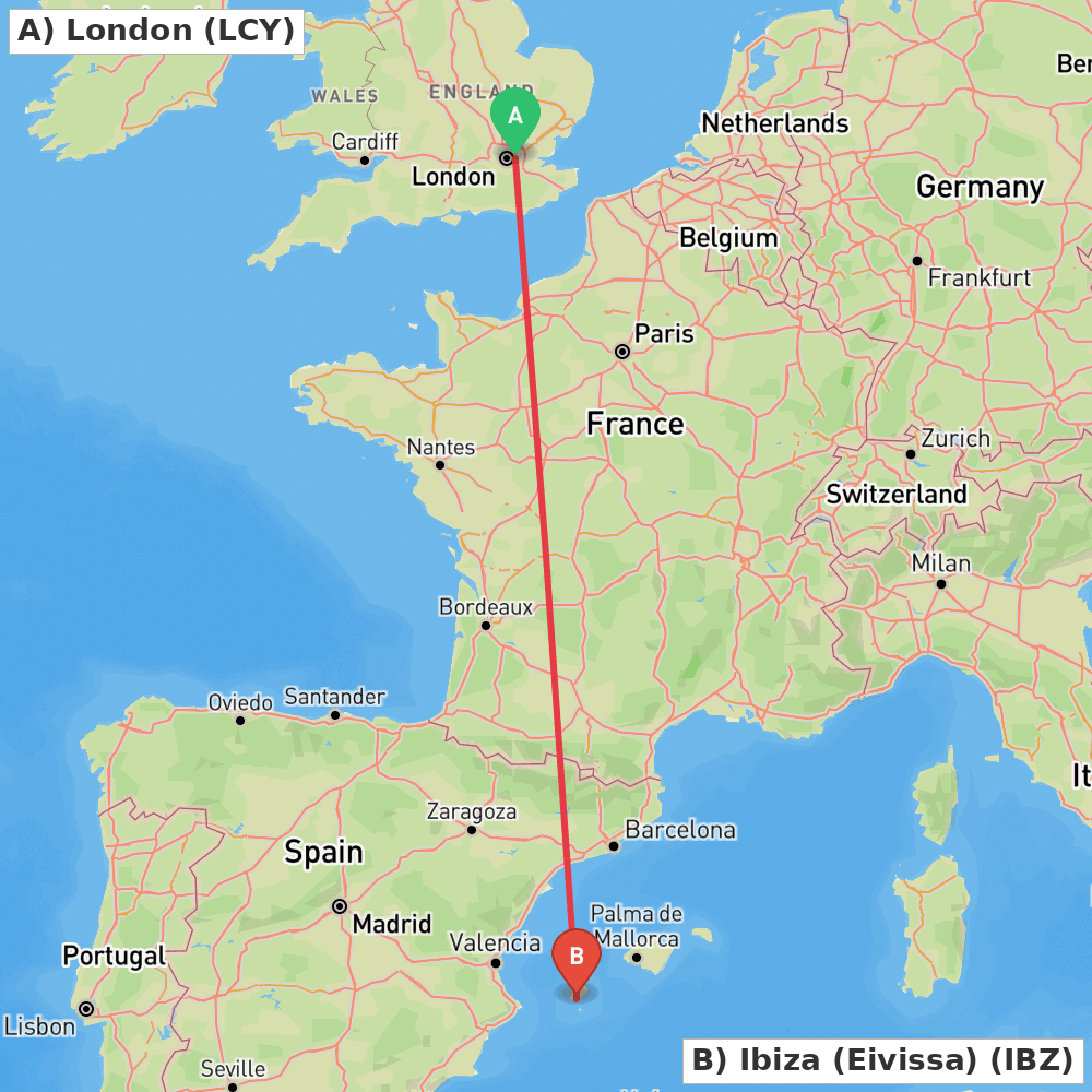 Flight route map from London to Ibiza (Eivissa)