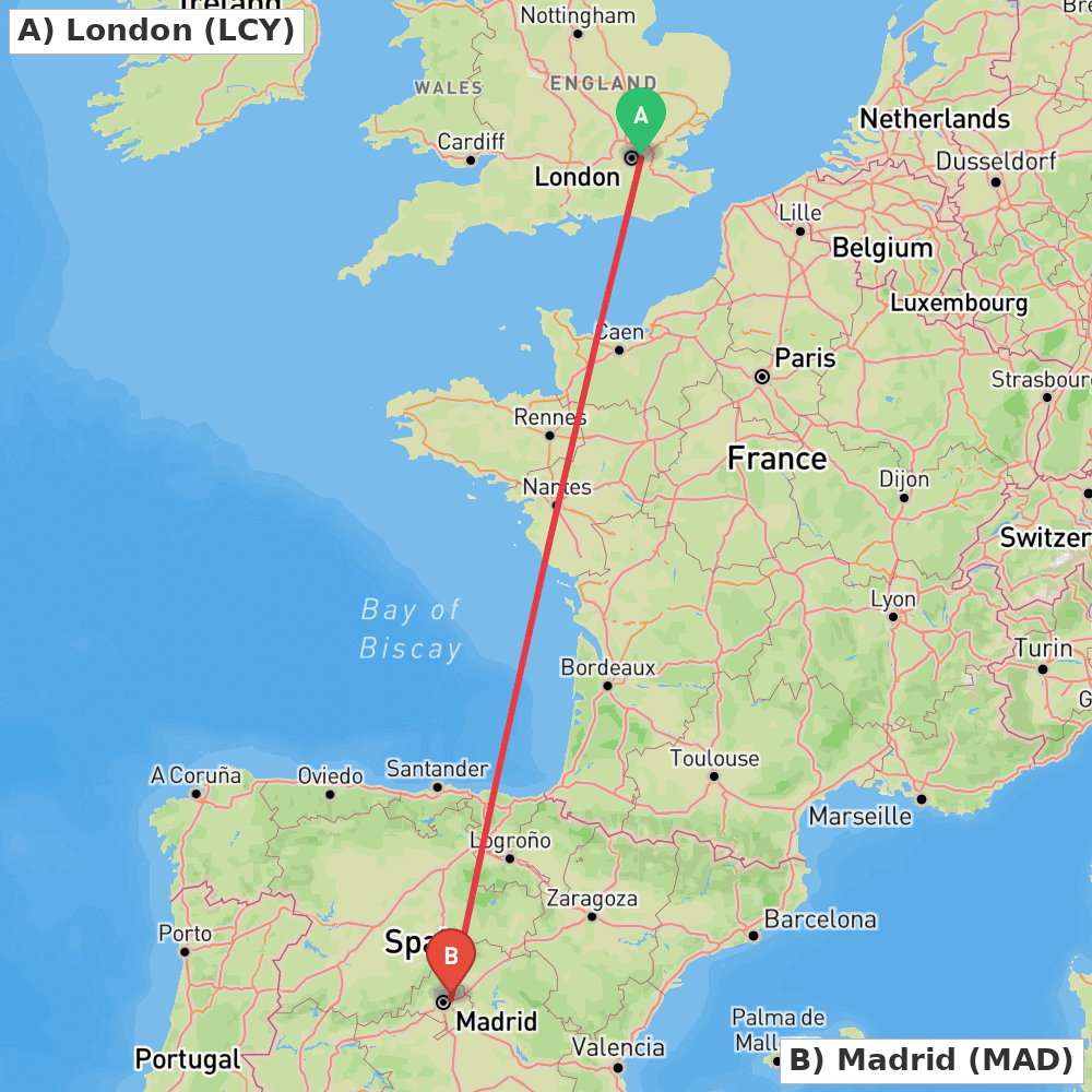 Flight route map from London to Madrid
